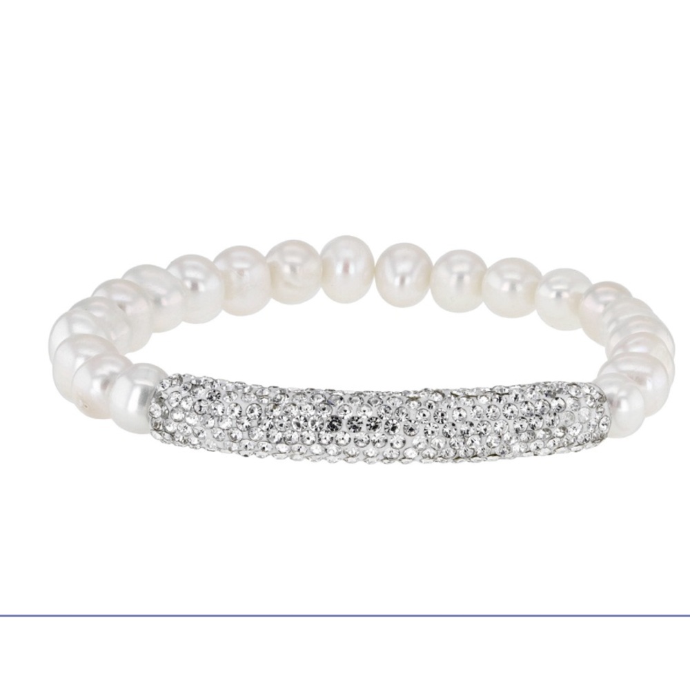 White Cultured Freshwater Pearl w/ Handset Crystal Bar Stretch Bracelet